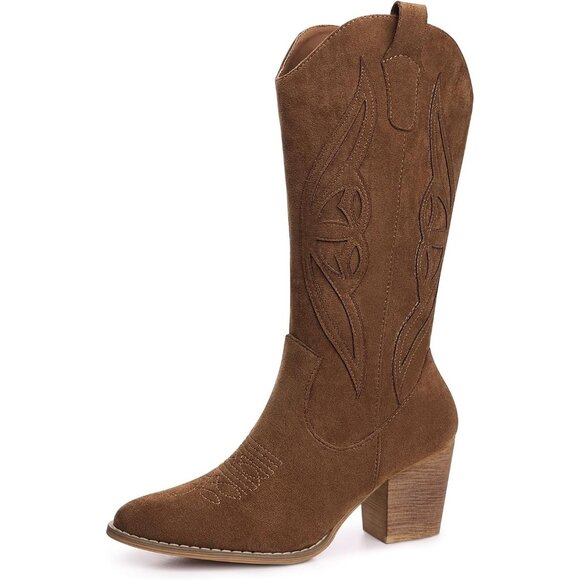 Women 1828-brown Suede leather Embroidered Country Heel Pointed Toe Booties - Picture 1 of 6